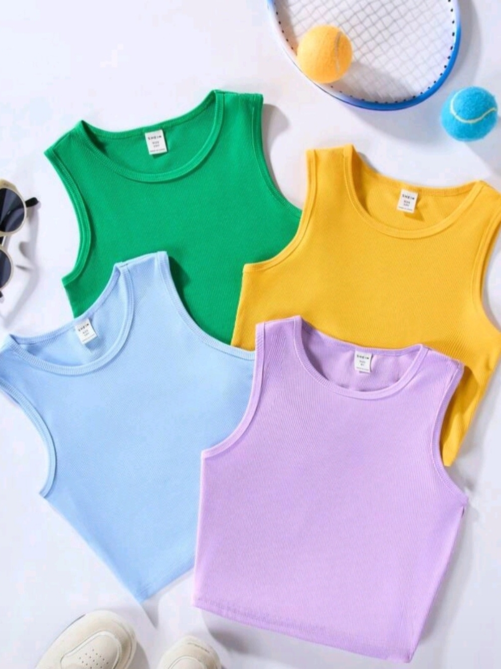 Sleeveless Tank Top Set - Size 11Y (Green, Yellow, Light Blue, Lavender)